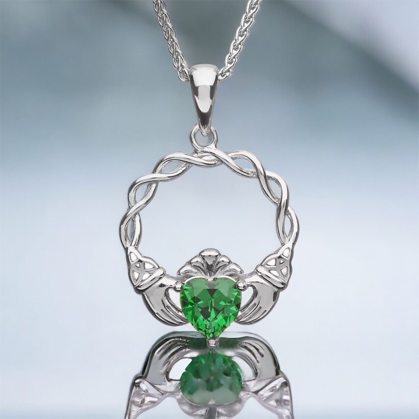 Sterling Silver Green Stone Claddagh Pendant with reflection