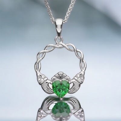 Sterling Silver Green Stone Claddagh Pendant with reflection