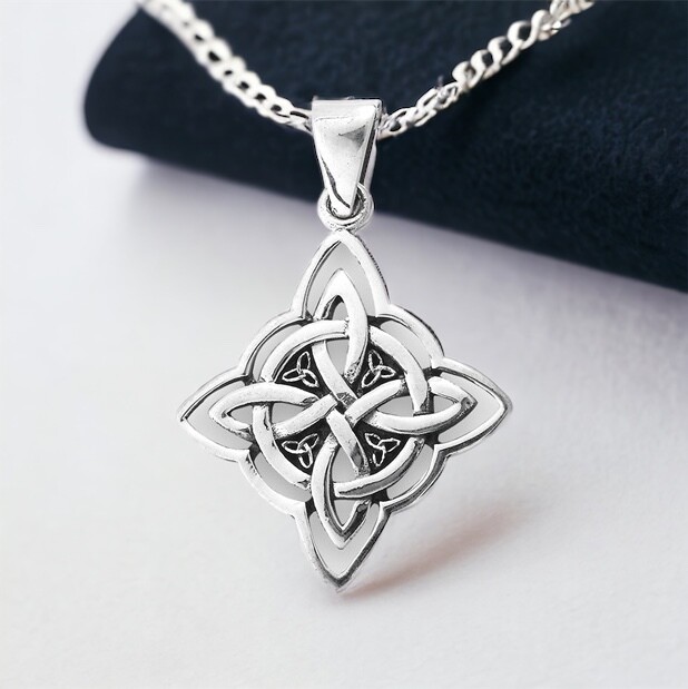Sterling silver Witch's Knot Hexefus pendant, including 4 small trinity knots, symbols of protection and unity. 
