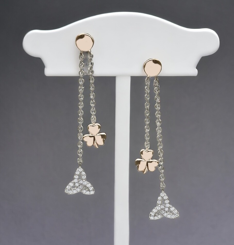 Rose gold plated Irish shamrock and CZ trinity knot drop earrings in sterling silver, handcrafted Celtic jewelry.