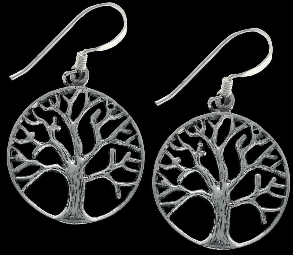 Sterling silver Celtic Tree of Life earrings with intricate knotwork design, inspired by Irish heritage, on black background