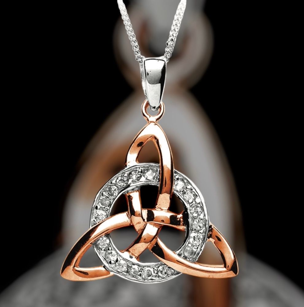 Rose gold plated Trinity Knot pendant with CZ circle stone, elegant Celtic jewelry for women, 