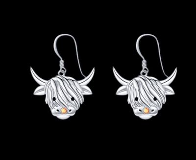 Sterling silver Scottish Highland Cow earrings, handcrafted Scottish jewelry gift, made in Scotland, shown on black