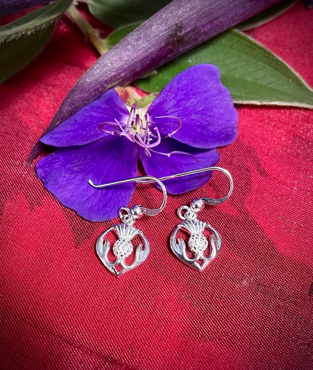 Sterling silver Scottish thistle earrings, Celtic jewelry inspired by Scotland’s national flower, shown by purple flower. 