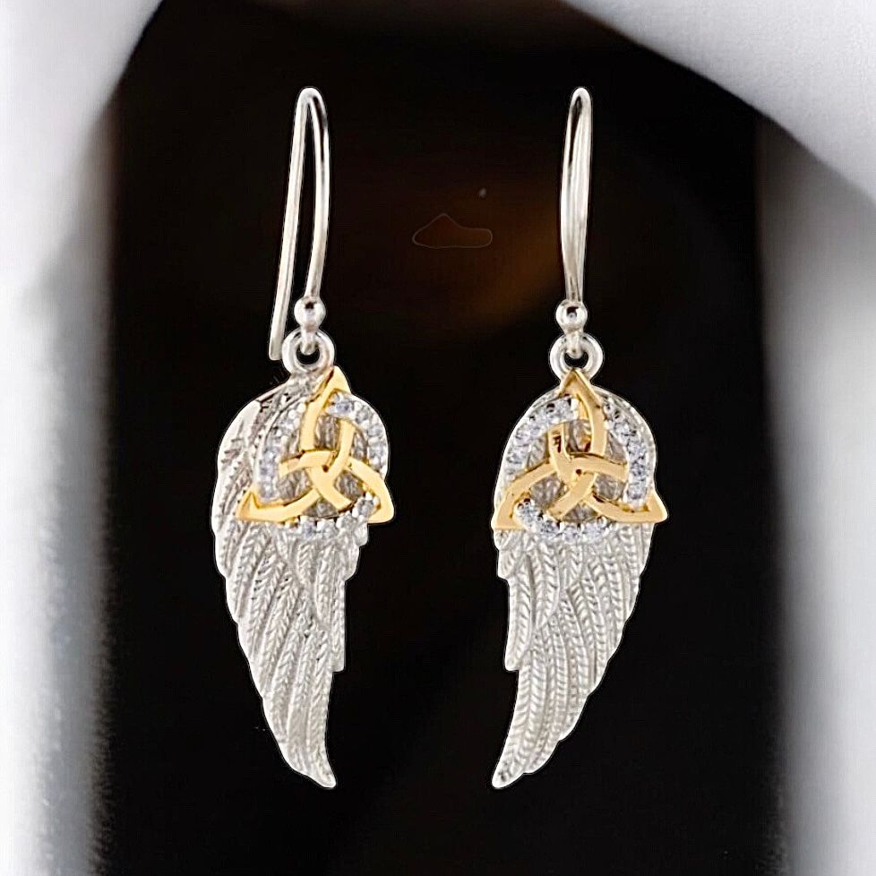 Silver Angel Wing Earrings with Gold Plated Trinity Knot