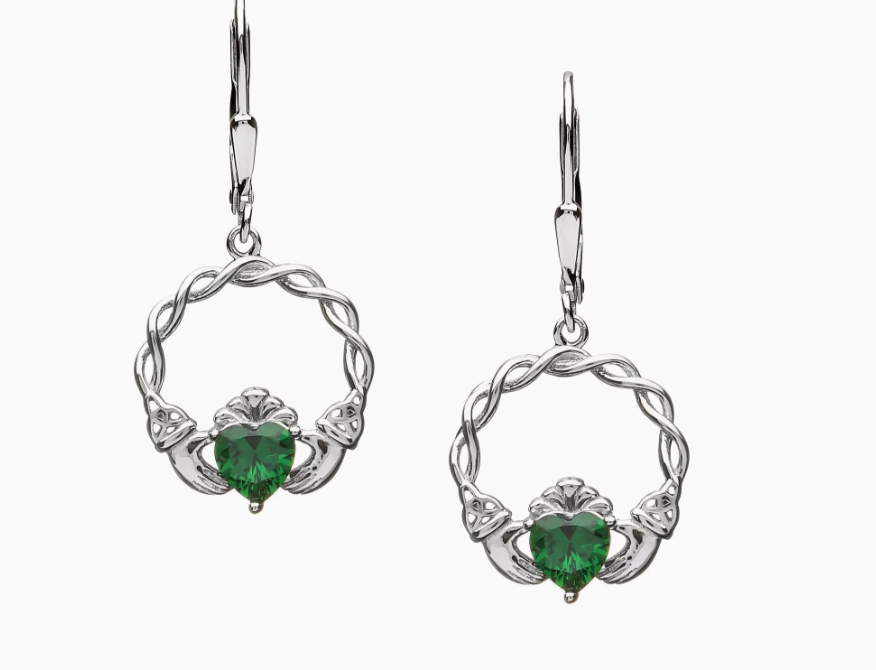 Sterling silver Green Drop Claddagh Earrings